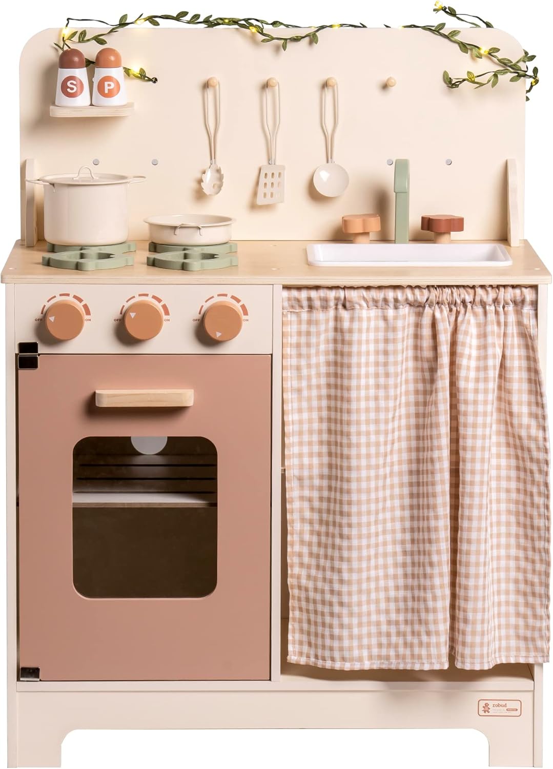 ROBUD Kinderküche Holz Kinder Spielzeug, Spielküche Kinder Küche Zubehör mit Backofen, Schürze, Hand
