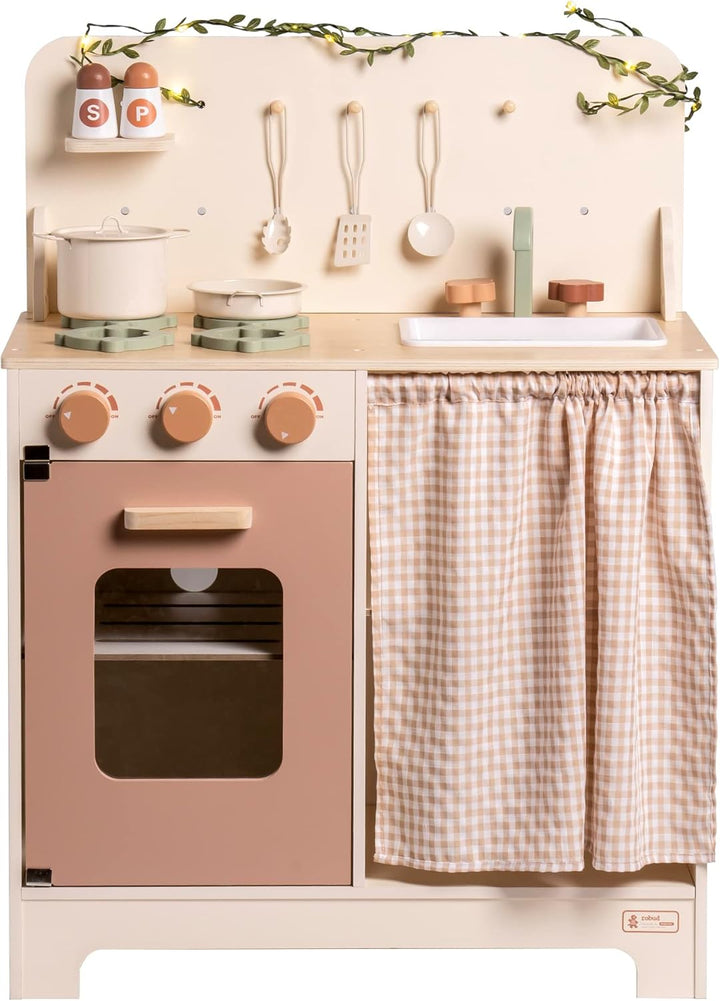 ROBUD Kinderküche Holz Kinder Spielzeug, Spielküche Kinder Küche Zubehör mit Backofen, Schürze, Hand