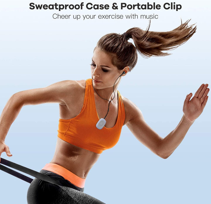 AGPTEK Mini Clip 64GB MP3 Player mit Bügel-Kopfhörer und Silikon Hülle, Leichter Sport Musik Player