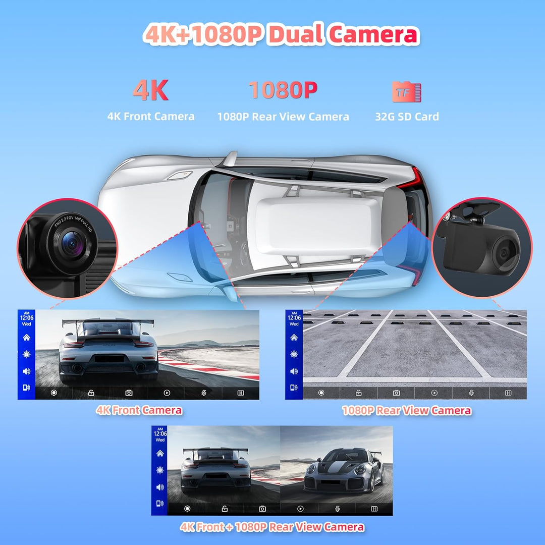 10,26 Zoll Carplay und Android Auto Display mit Wireless CarPlay & Android Auto, 4K Front-Kamera, 10
