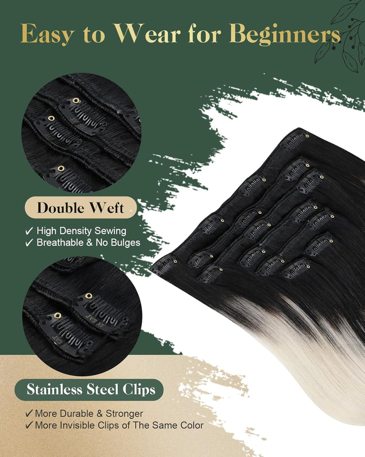 Ugeat Clip in Extensions Schwarz Blond Haarextension Echthaar Clips 55cm Schwarz bis Aschblond mit P