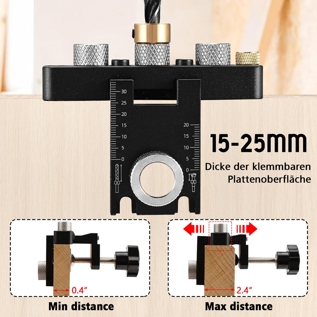 3-in-1 die Bohrschablone Möbelbau, 8/10/15mm Holzdübel Bohrschablone Dübellöcher mit Positionierungs