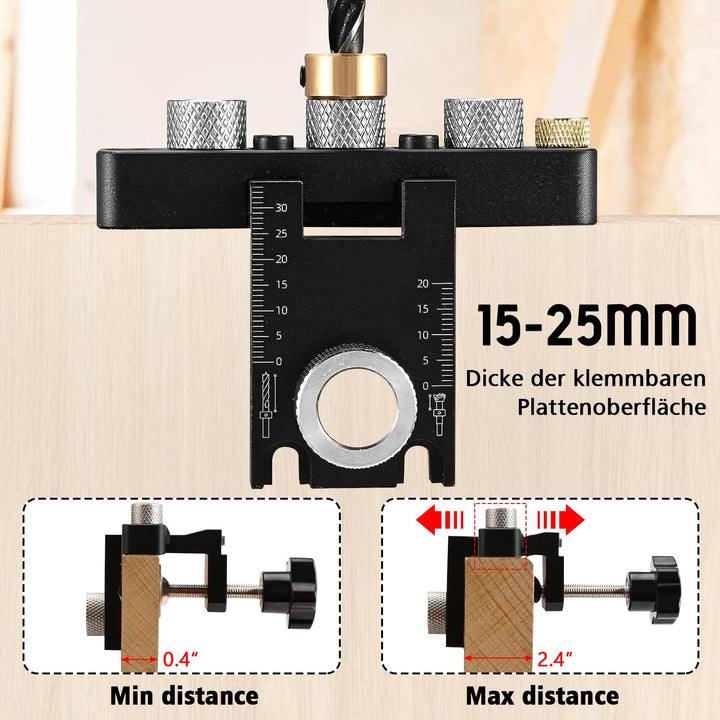 3-in-1 die Bohrschablone Möbelbau, 8/10/15mm Holzdübel Bohrschablone Dübellöcher mit Positionierungs