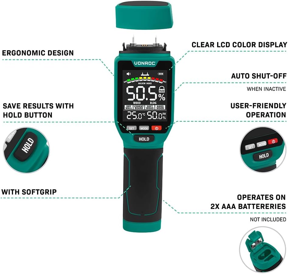 VONROC PRO Feuchtigkeitsmessgerät – Doppelmessung: Mit oder ohne Messstifte (Sensor) | Multicolor-LC