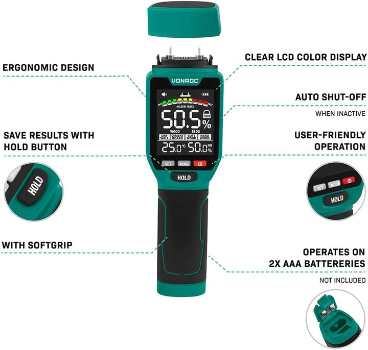 VONROC PRO Feuchtigkeitsmessgerät – Doppelmessung: Mit oder ohne Messstifte (Sensor) | Multicolor-LC