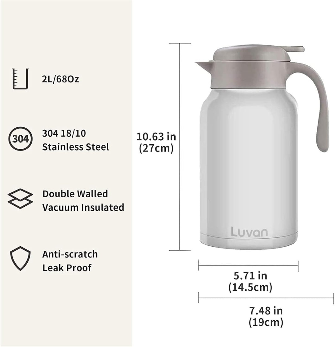 Luvan Thermoskanne 2,0 l, Thermokaraffe aus Edelstahl, Warmhaltefunktion, kalt, 24 Stunden (weiss),