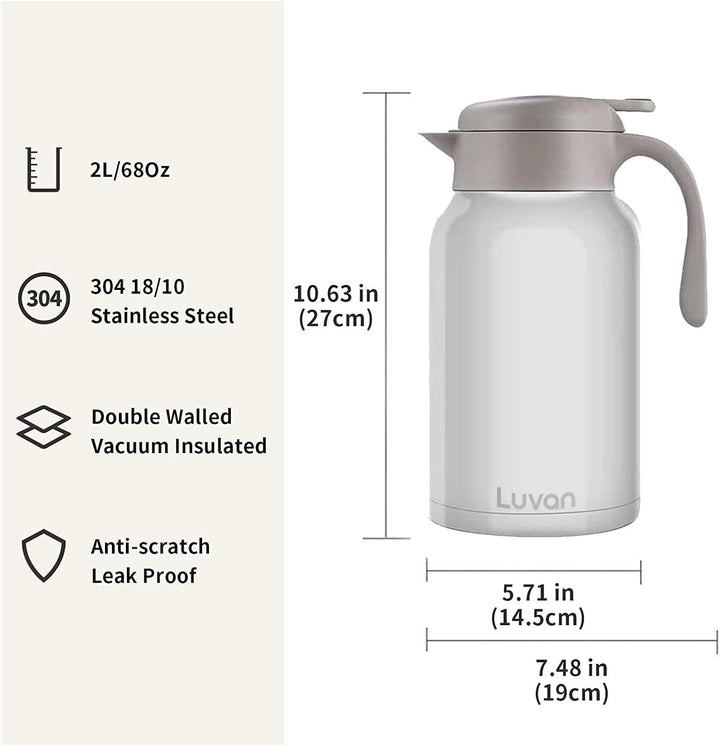 Luvan Thermoskanne 2,0 l, Thermokaraffe aus Edelstahl, Warmhaltefunktion, kalt, 24 Stunden (weiss),