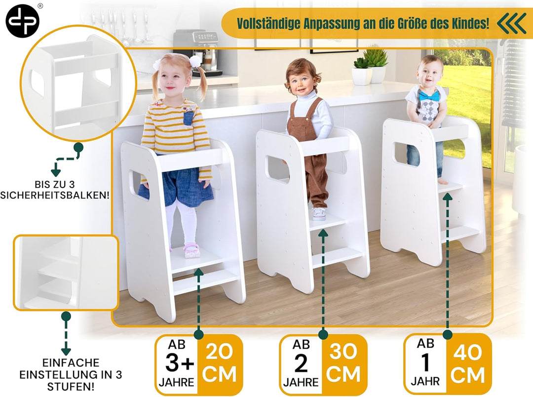Lernturm ab 1 Jahr - 3 Stufen Höhenverstellbar, Sicher & Stabil - Learning Tower mit Kippschutz - Le