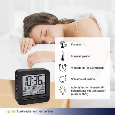 TFA Dostmann Funk-Wecker, mit 4 Weckzeiten,60.2536.01, Anzeige des Datums und Innentemperatur, 9,2 x