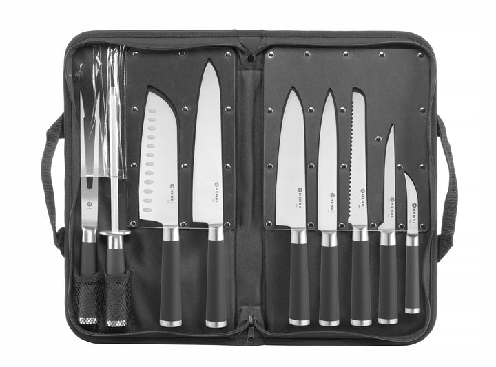 HENDI Messerset, 9 teilig, Lebensmittel konform, mit rutschfester Gummierung, mit Bequeme Tragetasch