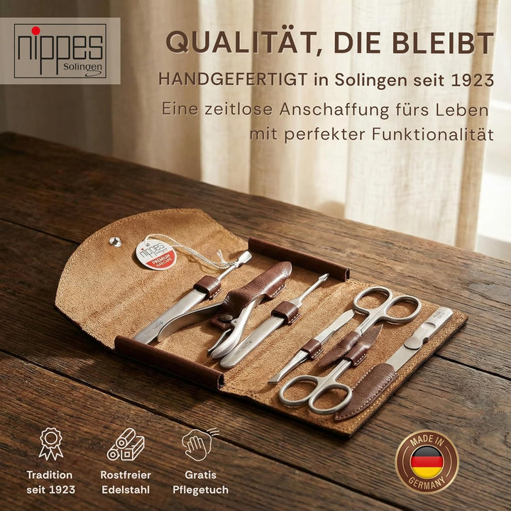 nippes Solingen Classic Premium-Maniküre Set, 7-teilig, Echtes Rindsleder-Nageletui, braun, Edelstah
