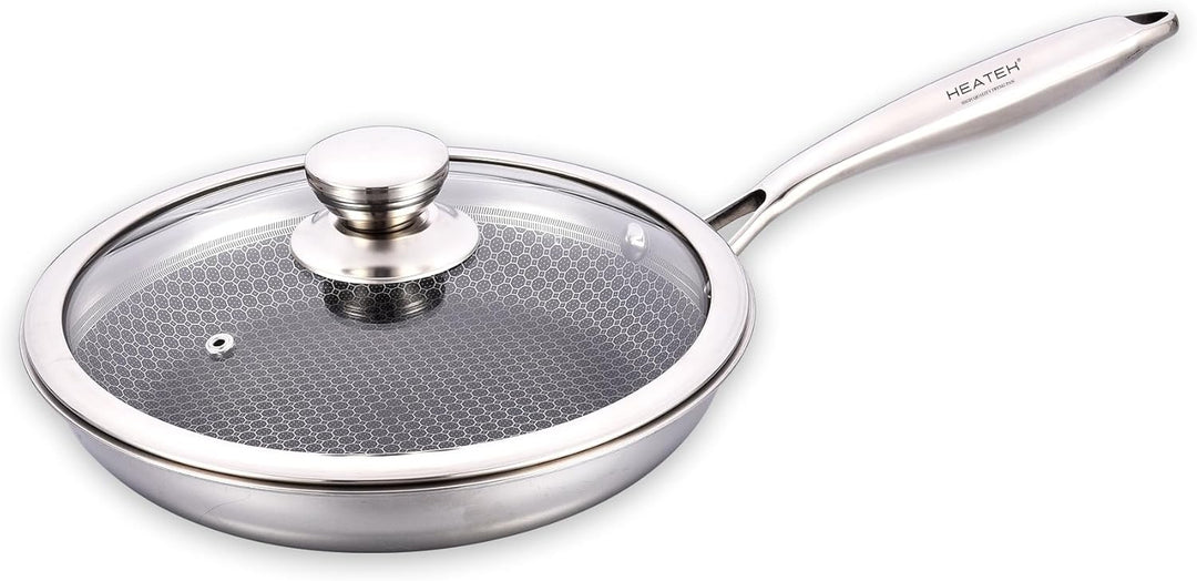 Kochgeschirr-Set aus 3 Pfannen und Wok, antihaftbeschichtet, aus Edelstahl, dreilagig, mit Glasdecke