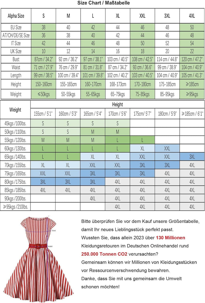 AXOE Damen Rockabilly Kleider 50er Jahre Baumwolle Gürtel, S Gestreift Rot