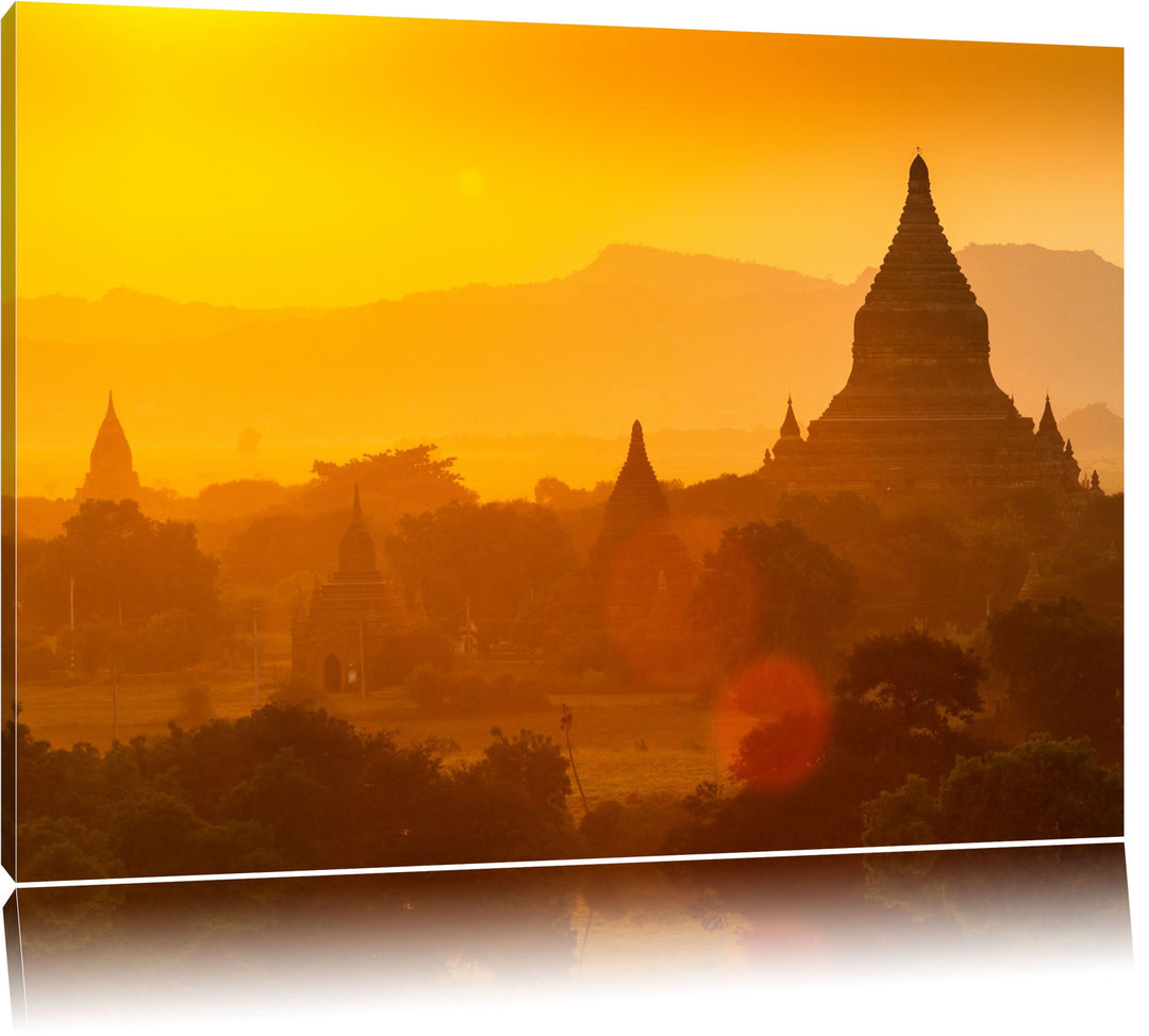 Buddha Tempel im Sonnenuntergang Format: 100x70 auf Leinwand, XXL riesige Bilder fertig gerahmt mit