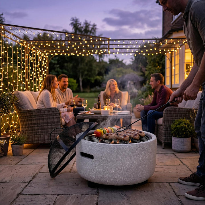 Relaxdays Feuerschale, Ø Schale 44 cm, Funkenschutz, Schürhaken, Steinoptik, Stahl, Feuerstelle Gart