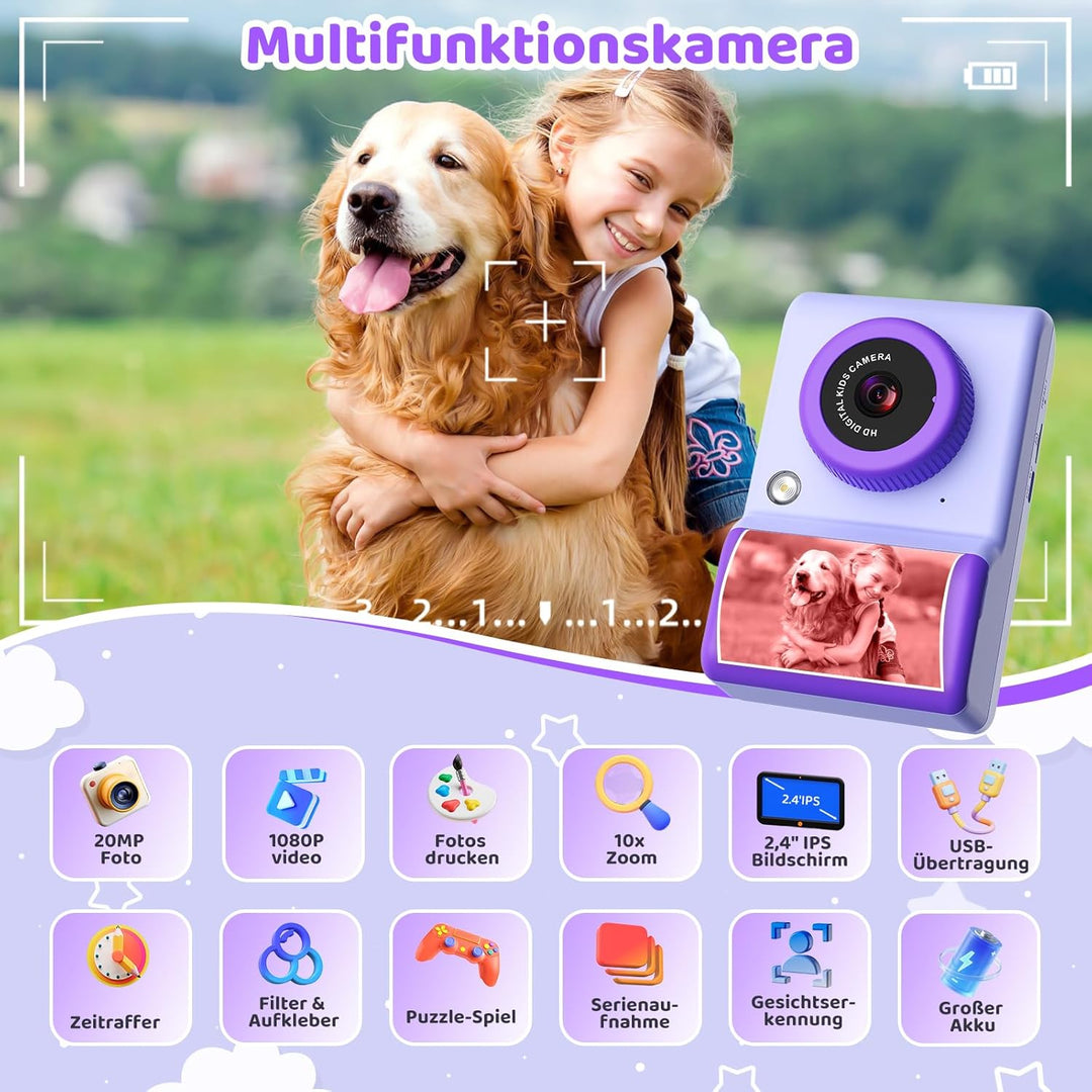 Sofortbildkamera Kinder, 20MP 1080P HD Tragbare Digitalkamera mit 2,4-Zoll-Display, 3 Rollen Farbfot