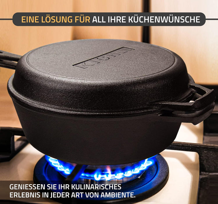 KICHLY Beschichteter Gusseisen Schmortopf, 2 in 1 Combo Kocher mit 26 cm (10.25 Inch) Pfanne und 3.2