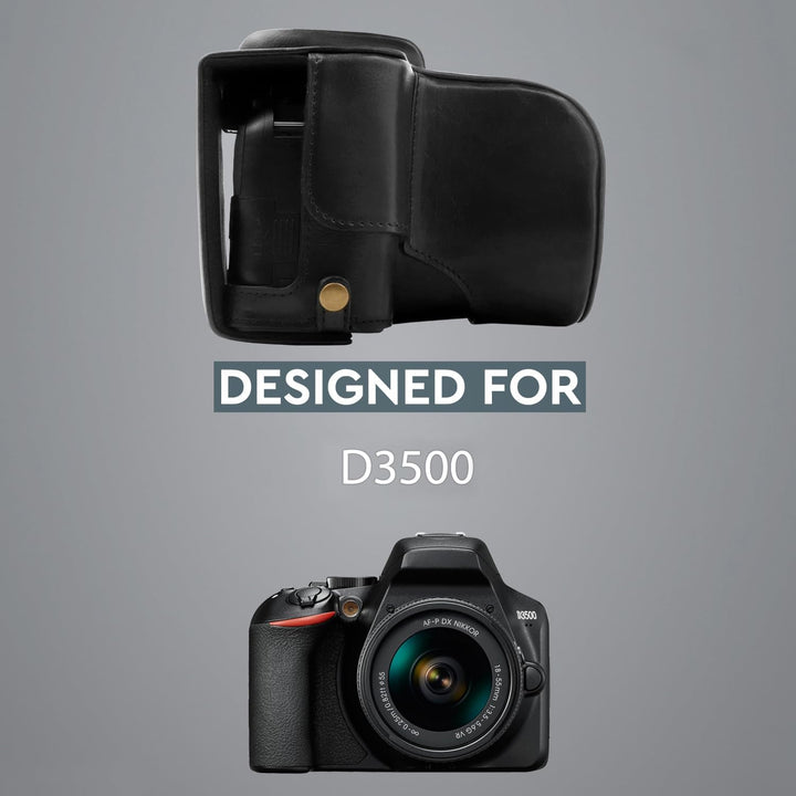 MegaGear MG1535 Nikon D3500 Ever Ready Leder Kamera-Case mit Trageriemen - Schwarz, Schwarz