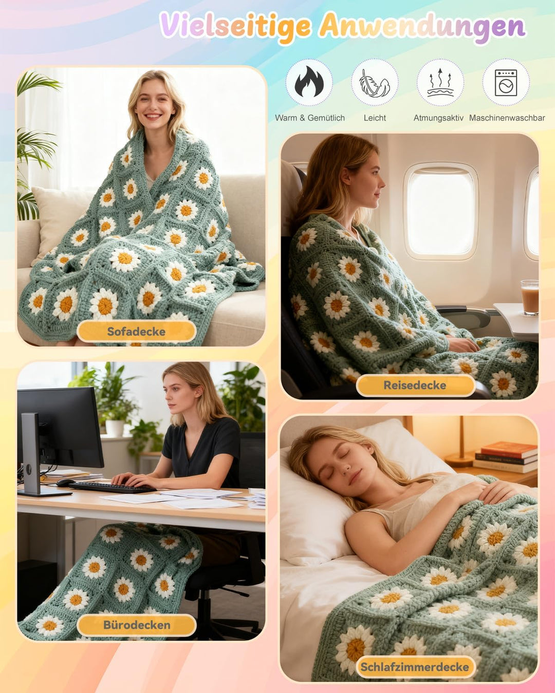 Coopay Granny Square Häkelset für Anfänger, Häkel Set für Gänseblümchen Decke, Komplett Häkelset mit