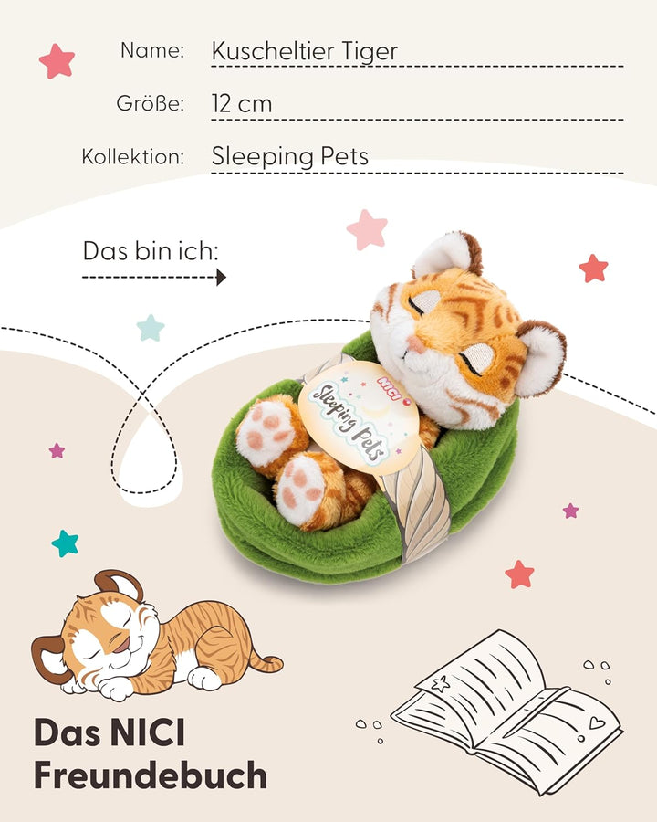 NICI Kuscheltier Tiger 12cm schlafend im Körbchen - braun - Stofftier aus weichem Plüsch, niedliches