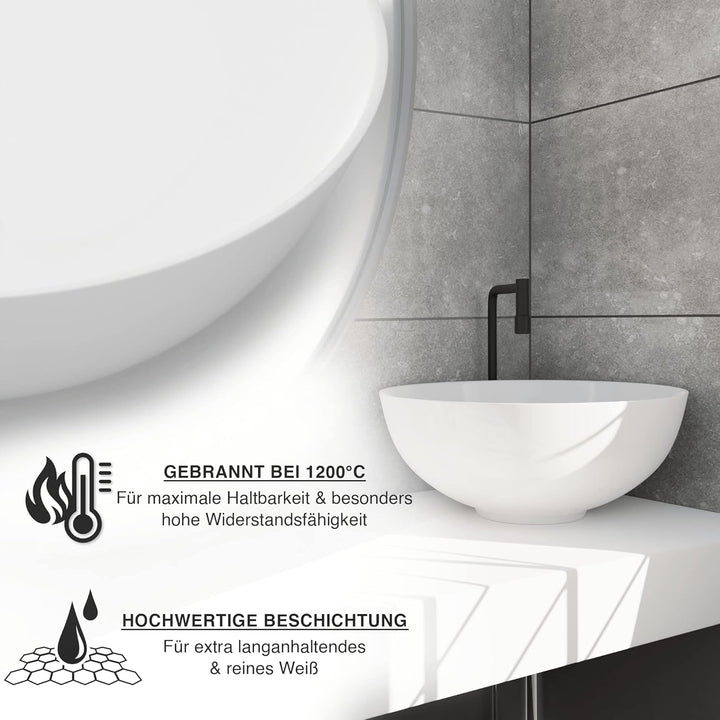 VMbathrooms Premium Waschbecken Rund mit Lotus-Effekt | 36x 36x 15,5 cm |Aufsatzwaschbecken für das