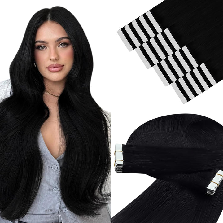 YoungSee Tape Extensions Echthaar Schwarz 55cm Tape Extensions Schwarz Glatt Echthaar Extensions Tap