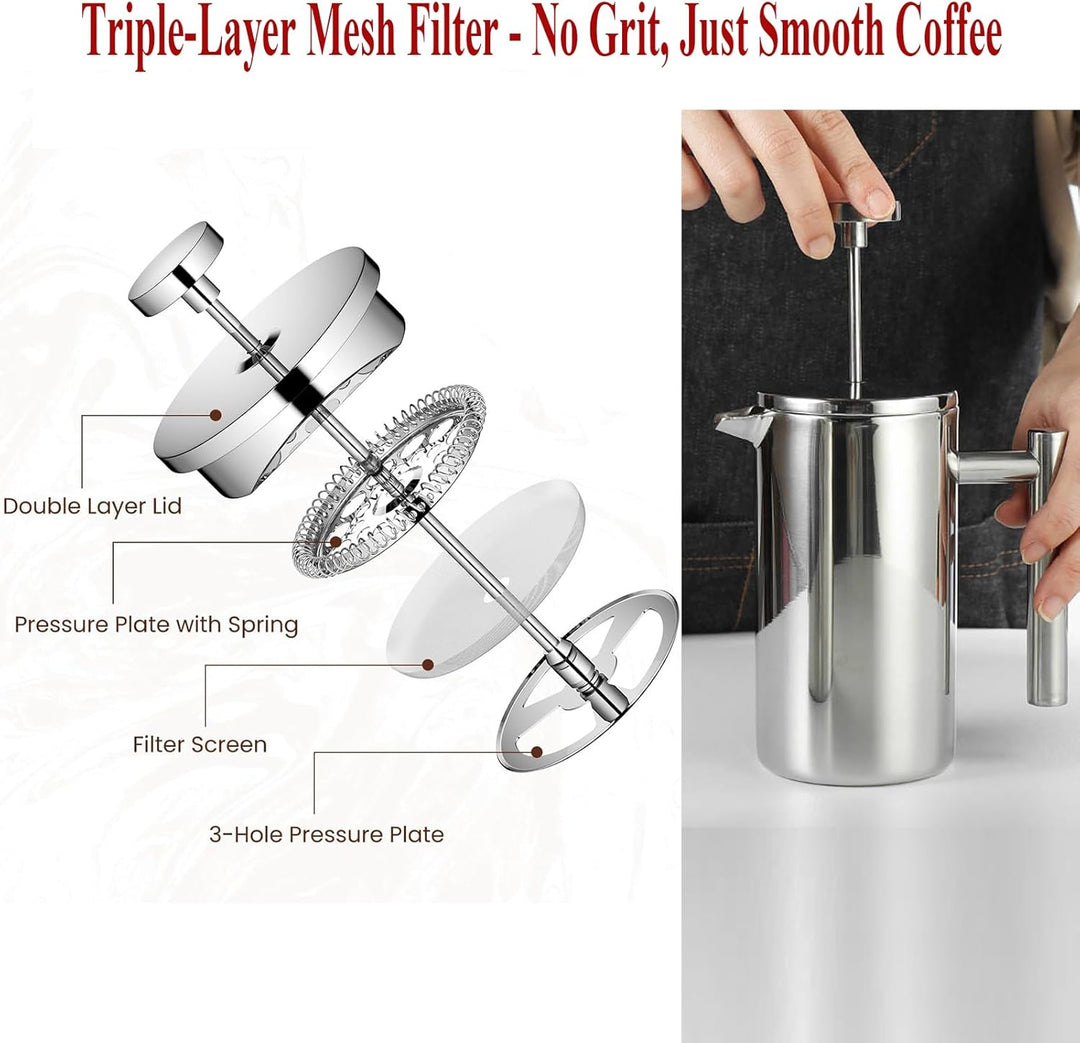 XINGYUEXUAN Edelstahl French Press – Premium Kaffeepresse mit Thermo-Funktion – Kaffeebereiter mit d