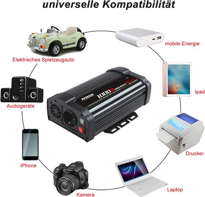 NDDI 1000W Spannungswandler Stromumwandler DC 12V auf AC 230V mit Dual-USB-Anschluss, Wechselrichter