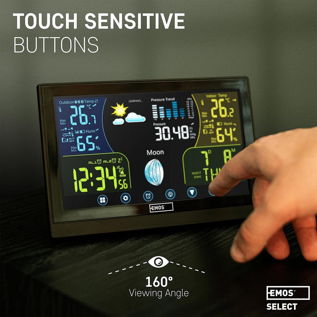 Emos Wetterstation Funk mit Aussensensor, Touchscreen und Farbdisplay, DCF Empfangssignal Funkuhr -