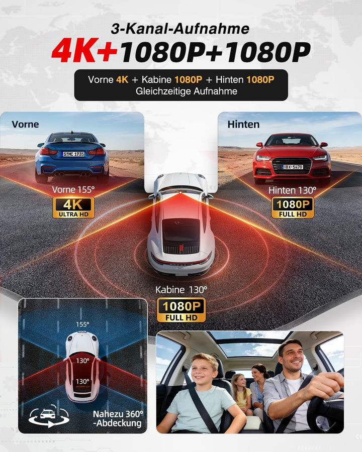 3-Kanal Dashcam Auto Vorne Hinten und Innen mit STARVIS 2 Nachtsicht und HDR, 4k Dashcam Auto APP-St