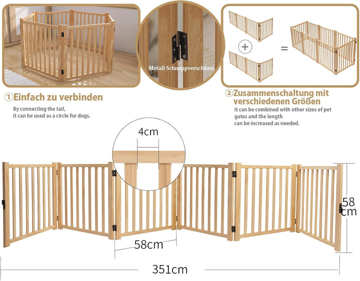 Lackfreies Naturholz-Hundeabsperrgitter, 6-teilig faltbar &amp; 360° drehbar – Sicher als Welpen- und Ki