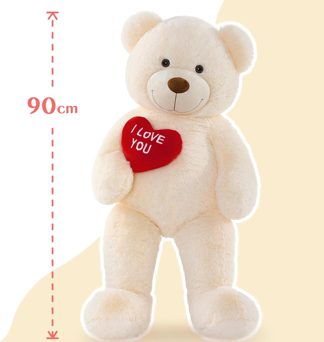 MorisMos 90cm Süss Teddybär gross XXL mit Rot Herz I Love You, Beige Riesen Teddy Bär als Geburtstag