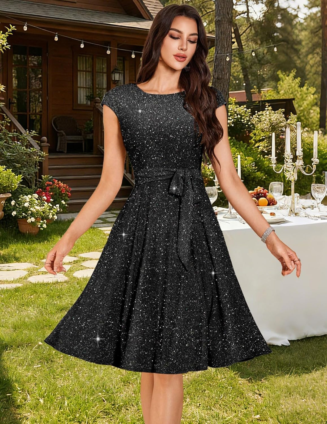 DRESSTELLS Damen Cocktailkleid M Glitzer Black, M Glitzer Black