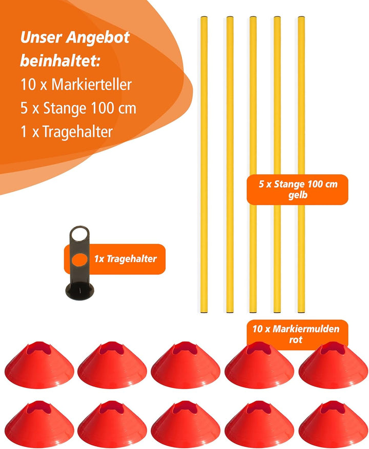 Cavaletti Mini-Hürden 5er Set – Mulden Rot & Stangen Gelb – sichere Trainingshürden für Hunde – Agil