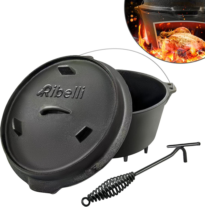 Ribelli BBQ Dutch Oven Füsse ca. 9,5 Liter schwarzes Gusseisen - Deckel - Henkel -