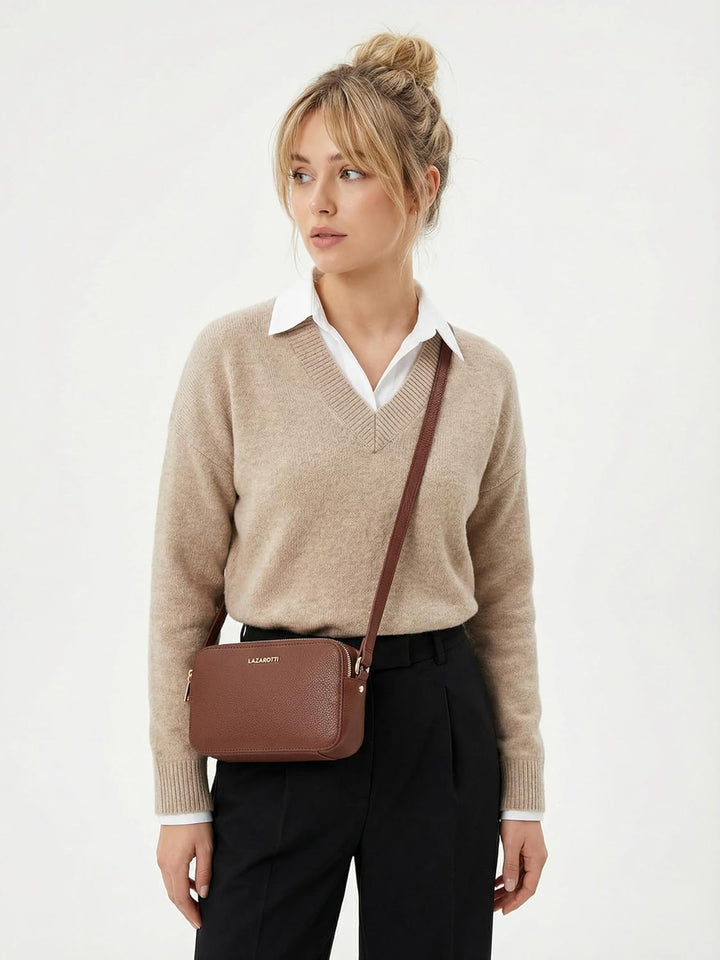 Lazarotti Bologna Leder Umhängetasche Damen | 2 Hauptfächer &amp; längenverstellbarer Schulterriemen | m