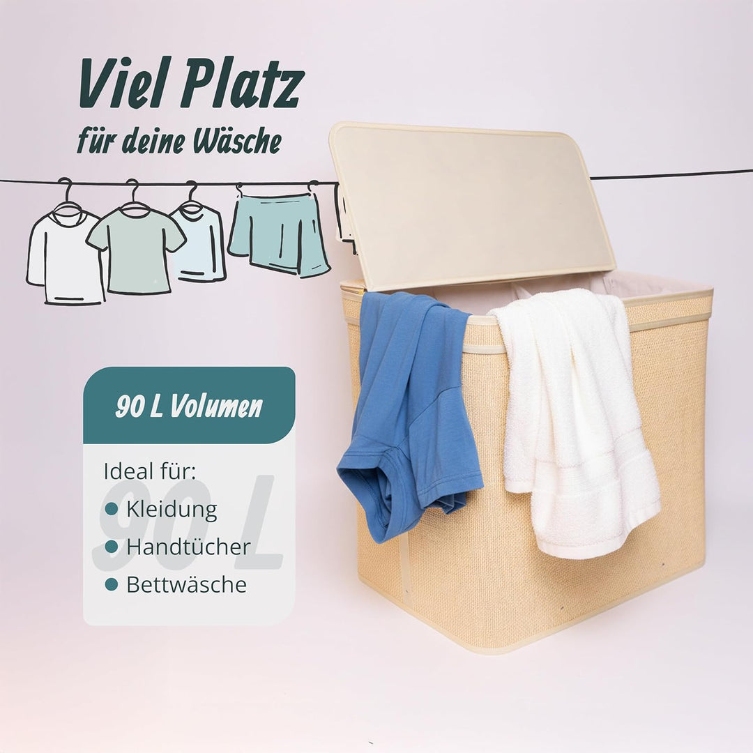 Relaxdays Wäschekorb mit Deckel, Bambus, 90 l, Faltbare Wäschebox, HxBxT: 61 x 49 x 33 cm, Badezimme