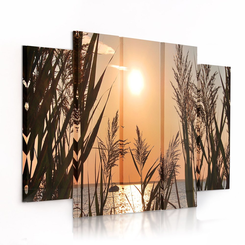 Feeby Frames, Leinwandbild Bilder Wand Bild - 5 Teile - Wandbilder Kunstdruck (SONNENUNTERGANG, GOLD