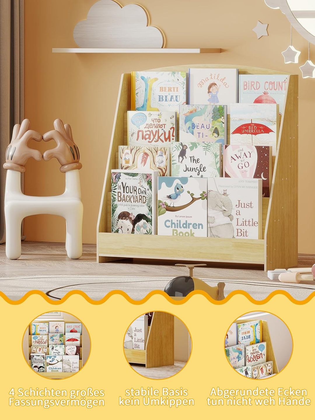 4 Tier Bücherregal Kinder Montessori Kinderregal 88cm Höhe, Kinderzimmer Spielzeug Aufbewahrung Büch
