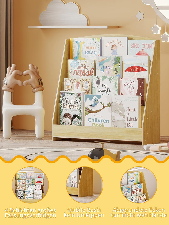 4 Tier Bücherregal Kinder Montessori Kinderregal 88cm Höhe, Kinderzimmer Spielzeug Aufbewahrung Büch