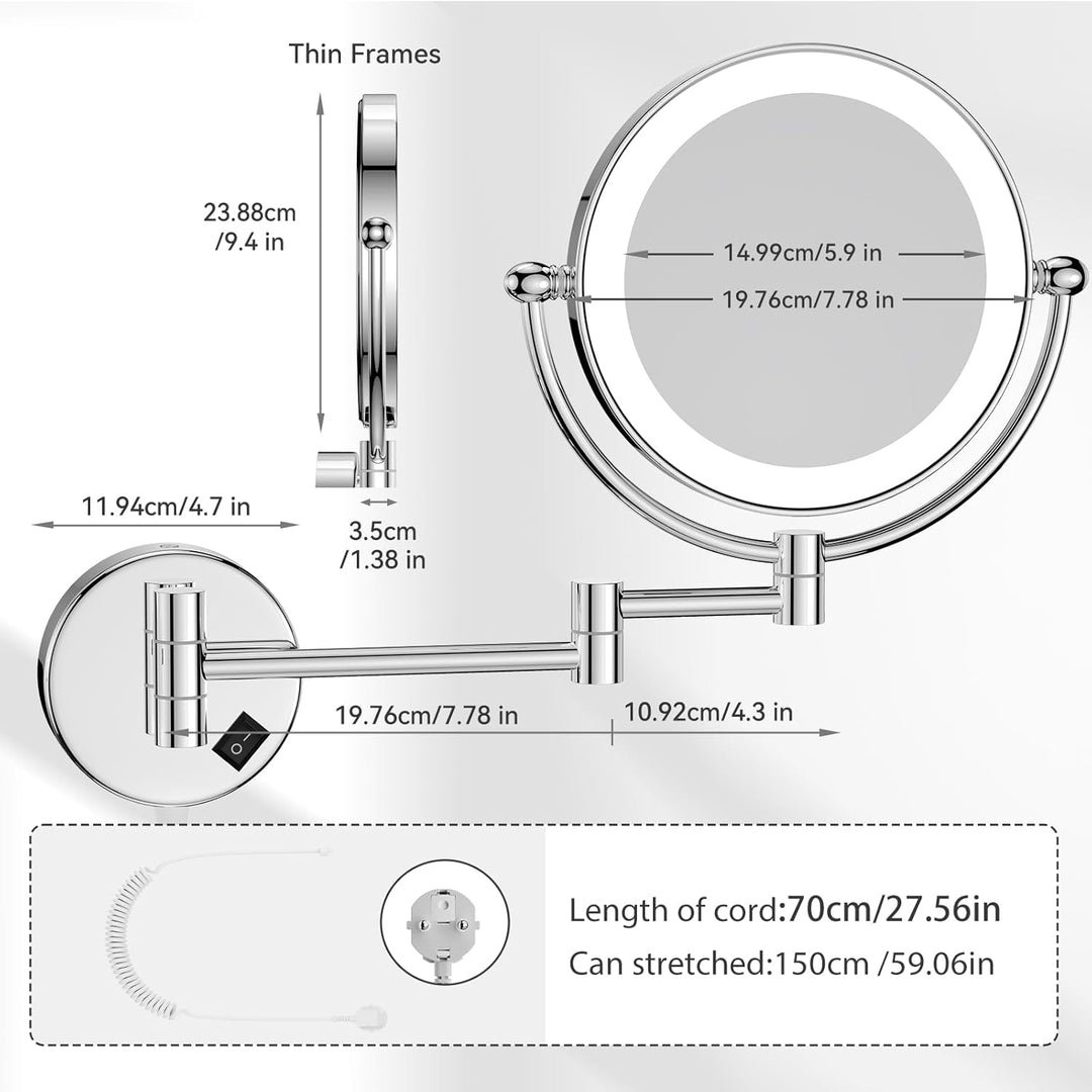 Nicesail Wand Kosmetikspiegel mit beleuchtung 10x - 360° Ausziehbare Drehung - Dünner Rahmen - mit S