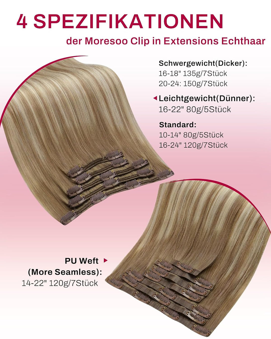 Moresoo Ombre Echthaar Extensions Clip Braun Remy Haarextension Echthaar Clip Hellbraun mit Goldblon