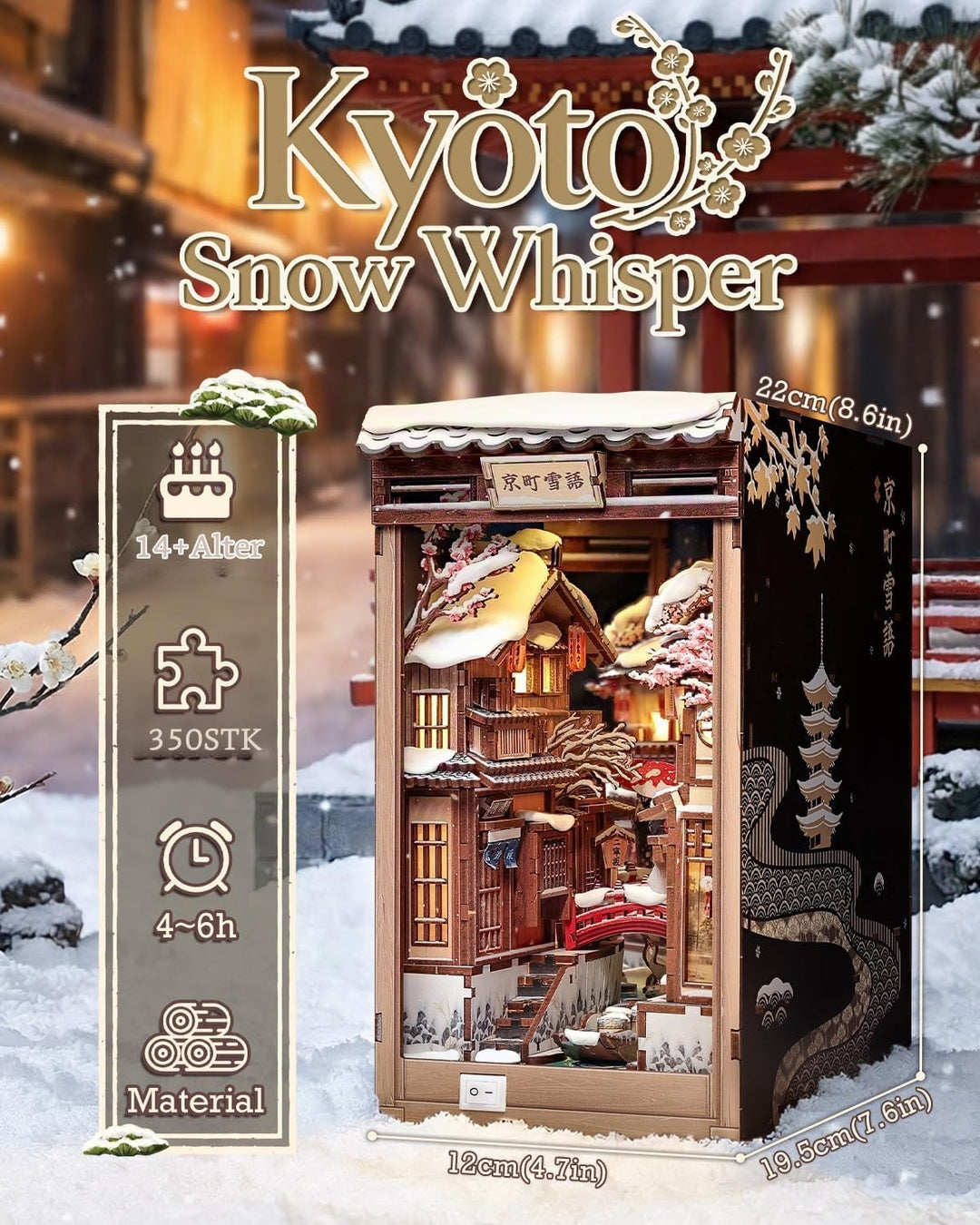 CUTEBEE Book Nook Kit - Japanischer Stil DIY Miniatur-Winterhaus, LED-beleuchtetes Buchregal-Deko Ga