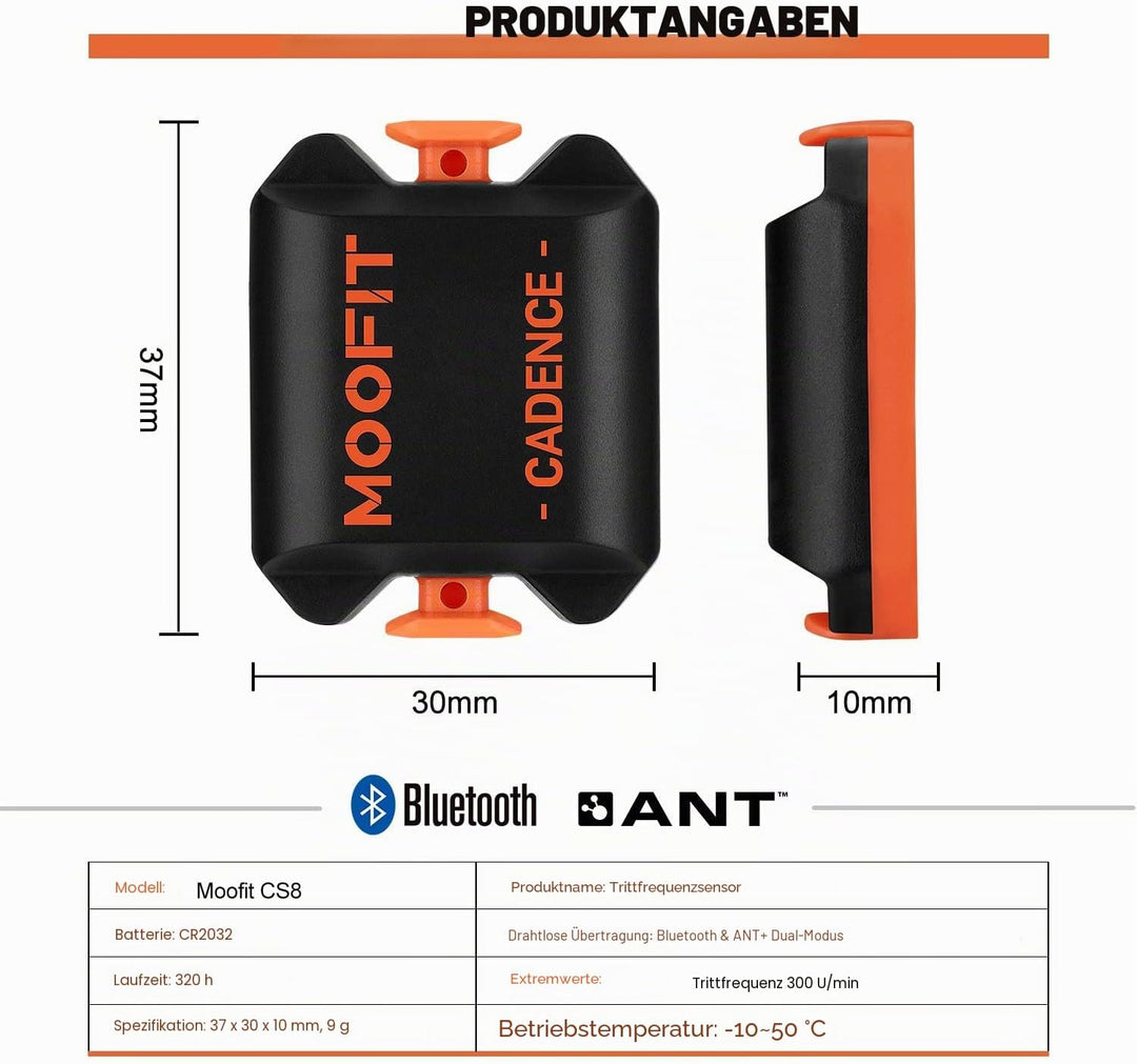 moofit Geschwindigkeitssensor und Trittfrequenzsensor, Bluetooth & ANT+ Kabelloser Geschwindigkeits,