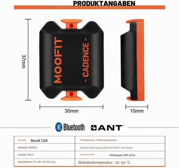 moofit Geschwindigkeitssensor und Trittfrequenzsensor, Bluetooth & ANT+ Kabelloser Geschwindigkeits,