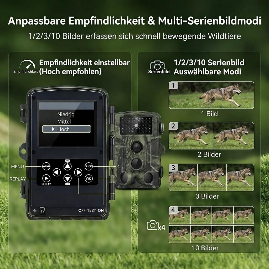 Wildkamera, 50MP 4K Wildtierkamera mit Bewegungsmelder Nachtsicht, IP65 Wasserdicht, Weitwinkel 120
