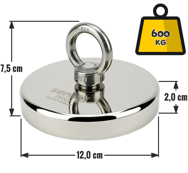 SENSEI Set 600 kg, N52 Neodym-Magnet mit Öse, Ø12 x H2 cm, Segelseil 25 m, Schutzhandschuhe + Zubehö