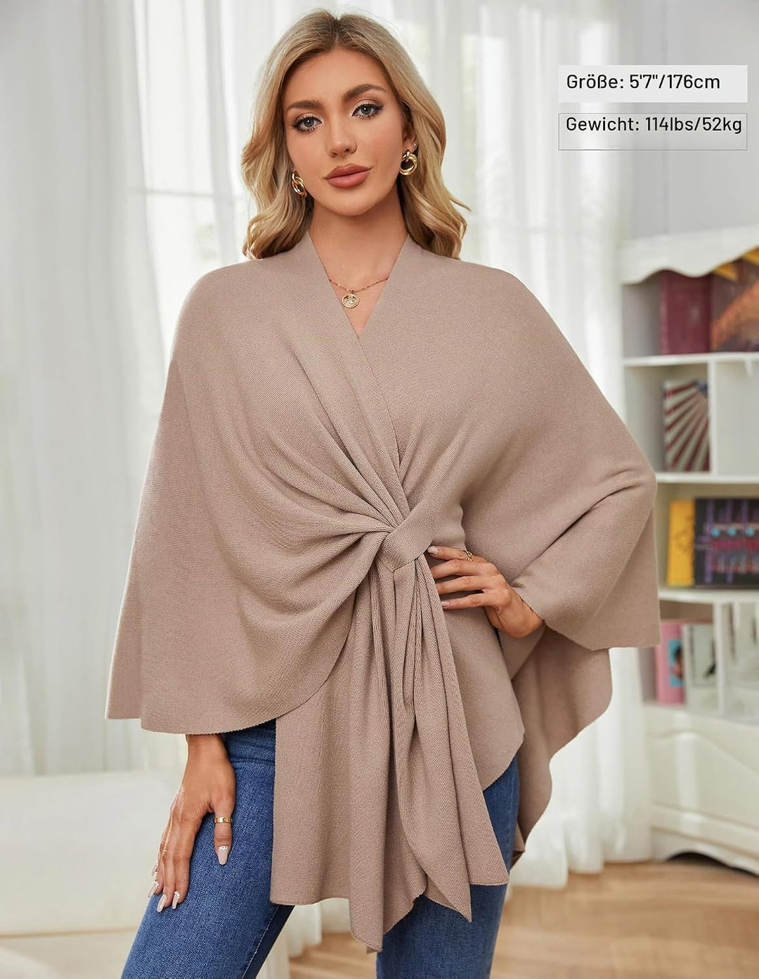 PULI Damen Elegant Poncho Strick Ponchos Capes Vorne öffnen Vielseitige Schalwickel mit Lasche Bräun