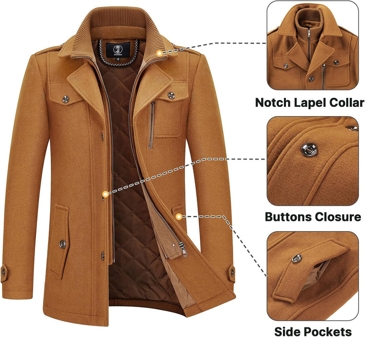 KUDORO Herren Wintermantel Wolle Kurzmantel Herren Wollmantel Mittellang Slim Fit für Business Freiz