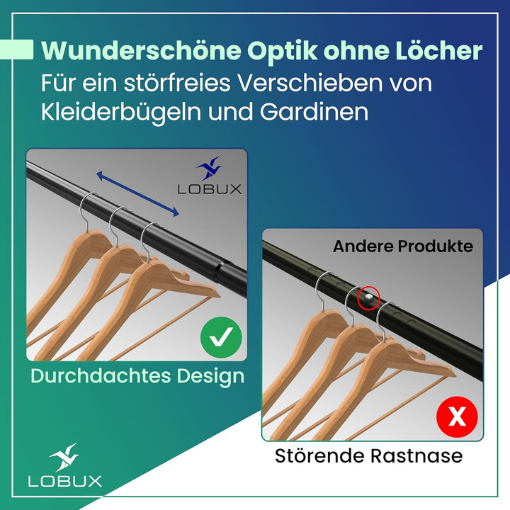 LOBUX® - Gardinenstange ohne bohren [schwarz, 210-300cm] – Teleskopstange Vorhang ausziehbar – Dusch